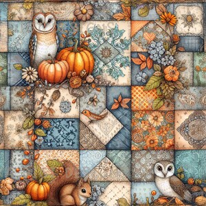 Fall Woodland Patchwork Seamless Pattern Repeat Fabric Pattern Digital Paper Sublimation Design for Scrapbooking Digital Download PNG