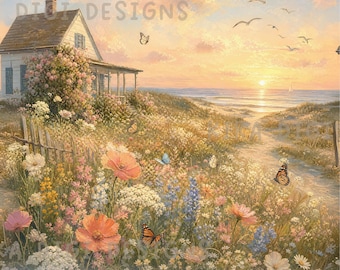 Coastal Cottage Sunset Seamless Pattern Repeat Fabric Pattern Digital Paper Sublimation Design for Scrapbooking Digital Download PNG