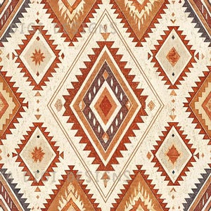 May include: Seamless pattern design featuring geometric shapes in shades of cream, brown, and rust. The design includes diamond and triangle motifs with a southwestern or tribal aesthetic. The text "SEAMLESS PATTERN" and "COMMERCIAL USE INCLUDED" are displayed.