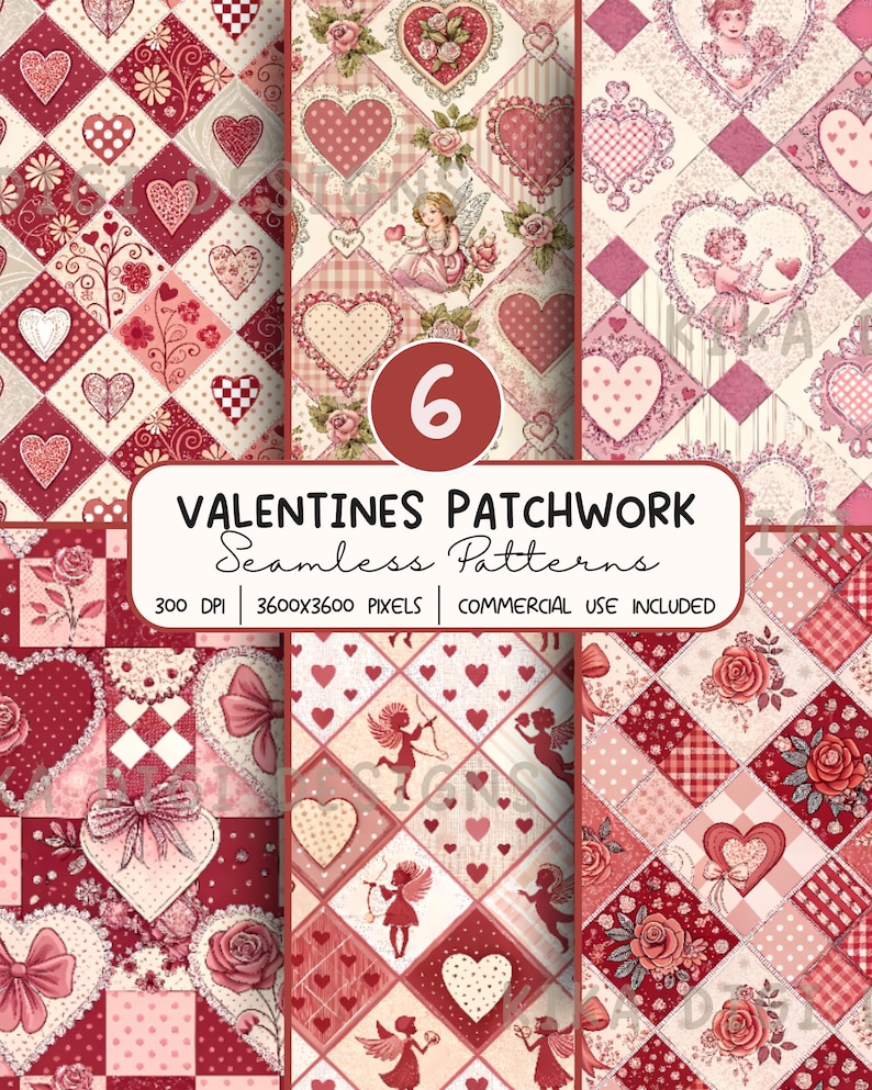 a collection of six seamless patterns, each featuring a variety of heart and floral designs in shades of pink and red. The patterns are arranged in a grid format, showcasing a range of designs from simple polka dots to more intricate floral motifs. The text "VALENTINES PATCHWORK Seamless Patterns" is prominently displayed, indicating that these patterns are intended for use in patchwork projects.