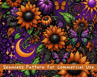 Leopard Sunflowers Seamless pattern Flower Seamless Pattern Fabric PNG Repeat Pattern Gothic Witchy Halloween Leopard Glitter Design File