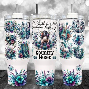 Apenas uma garota que ama música country 40Oz Tumbler Wrap, Country Music Sublimation Tumbler, Flores roxas 40Oz Tumbler Png Download digital