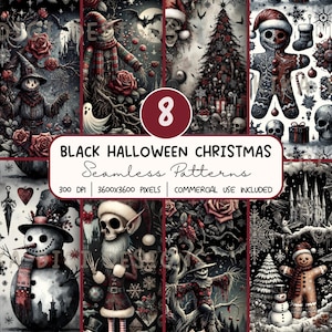 May include: A digital collection of eight seamless patterns featuring dark holiday themes. The designs include skulls, gingerbread figures, scarecrows, snowmen, Christmas trees, roses, and bats in a black, white, and red color palette.