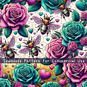 Bees and Roses Seamless pattern Bees Seamless Pattern Fabric Pattern PNG Valentine's Day Bees Repeat Pattern Commercial License Honey Comb