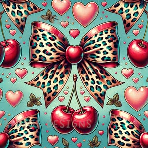 May include: Seamless pattern featuring a large bow with a leopard print design and red trim, surrounded by pink hearts and cherries. The background is a light teal color. The text "SEAMLESS PATTERN" and "COMMERCIAL USE INCLUDED" are at the top and bottom.