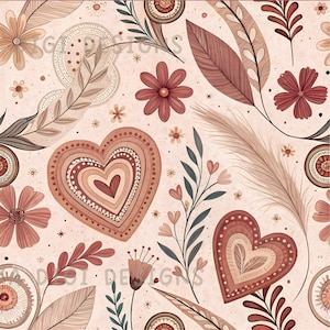 Könnte beinhalten: Ein nahtloses Musterdesign mit floralen und herzförmigen Motiven in Braun-, Beige- und Rottönen. Das Design umfasst Blumen, Federn und dekorative Elemente, mit dem Text "SEAMLESS PATTERN" und "COMMERCIAL USE INCLUDED".