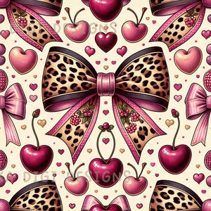 Pink Cherry Bow Seamless Pattern Repeat Fabric Pattern Digital Paper Sublimation Design for Scrapbooking Digital Download PNG Leopard Bow