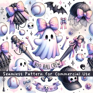 May include: A seamless pattern featuring white ghosts, baseballs, bats, black baseball caps with bows, and skulls. The design includes pink and blue iridescent bows, bats, and a banner with the text BOO BALL CREW. The background is a soft watercolour wash.