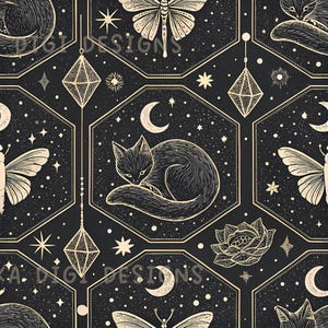 Peut inclure: Motif de motif sans couture avec un chat noir, des papillons, des lunes, des étoiles et des formes géométriques sur un thème céleste. Le motif comprend le texte "SEAMLESS PATTERN" et "COMMERCIAL USE INCLUDED". La palette de couleurs est noire et crème.