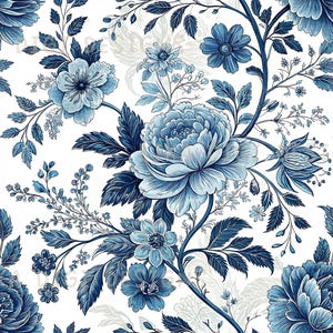 Blue Floral Seamless Pattern Repeat Fabric Pattern Digital Paper Sublimation Design for Scrapbooking Digital Download PNG Toile De Jouy