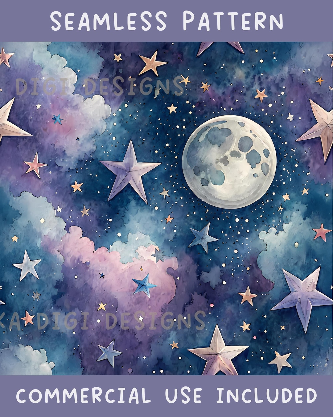 Dream Moon and Stars Seamless Pattern Repeat Fabric Pattern Digital ...