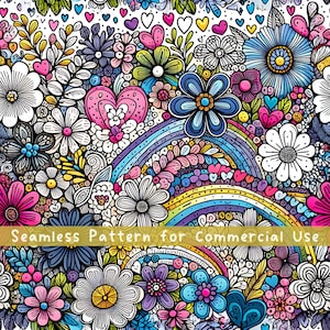 Flower Seamless Pattern Fabric Pattern Kawaii Colourful Pattern Commercial License Floral Doodles Rainbows and Hearts PNG Colourful Girly