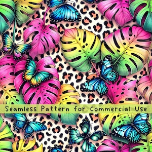 Leopard Monstera Seamless pattern Flower Seamless Pattern Fabric PNG Repeat Pattern Commercial License Neon Vibrant Butterfly Design File