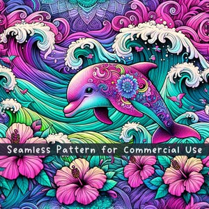 Pink Dolphin Seamless pattern Neon Ocean Seamless Pattern Fabric PNG Repeat Pattern Commercial License Fabric Design Dark Sea Waves PNG