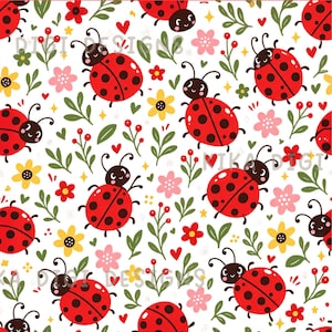 Lindo diseño de jardín de mariquitas con estampado floral sin costuras y estampado repetitivo en tela, diseño digital para sublimación en papel scrapbooking, descarga digital PNG.