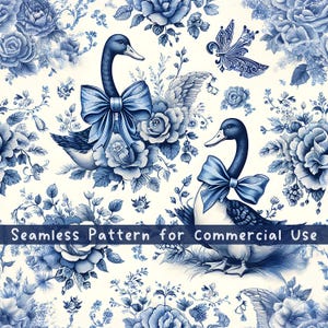 Blue Bows Goose Coquette Blue Toile Seamless Pattern, Chinoiserie Ribbons Silly Goose herhalend patroon voor stofsublimatie digitaal papier