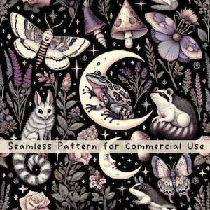 Patrón sin costuras de zarigüeya salvaje, patrón sin costuras de rana bruja, patrón de tela, patrón de jardín nocturno, patrón de bruja sin costuras, cottagecore oscuro, místico