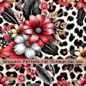 May include: A seamless pattern featuring a leopard print background with black spots on a cream base. The design includes clusters of red, white, and yellow flowers, black feathers, and small pink berries. The text Seamless Pattern for Commercial Use is visible.