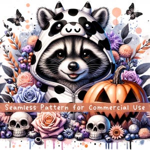 Halloween Cute Spooky Raccoon Seamless pattern sublimation design Halloween PNG Repeat Pattern Pumpkins Skulls Spooky Roses Digital Download