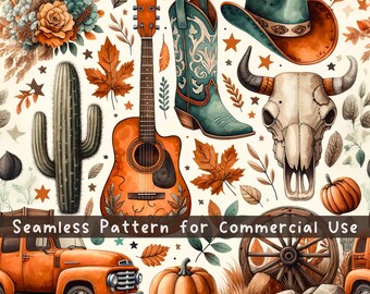 Western Pumpkin Fall Seamless Pattern, Rustic Vintage Country Sublimation Design, Cowboy Pattern Repeating File for Commercial Use Digital