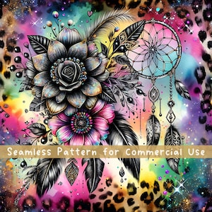 Leopard Flower Seamless pattern Dreamcatcher Seamless Pattern Fabric PNG Repeat Pattern Commercial License Neon Vibrant Leopard Design File