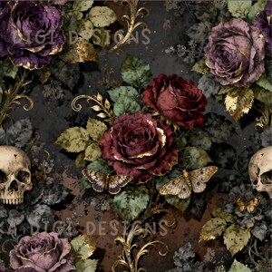 Diseño de tela sin costuras con estampado de calaveras y rosas góticas para sublimación en papel digital, descarga digital PNG oscuro