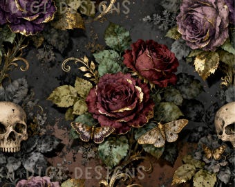 Gothic Roses Skull Seamless Pattern Repeat Fabric Pattern Digital Paper Sublimation Design for Scrapbooking Digital Download PNG Dark