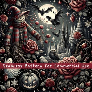 Patrón sin costuras de Halloween, diseño de sublimación de Halloween navideño, Halloween invernal, espantapájaros gótico, rosas, arañas, murciélagos, castillo encantado.