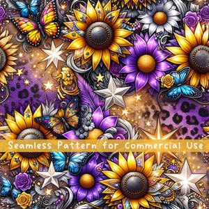 Leopard Sunflowers Seamless pattern Flower Seamless Pattern Fabric PNG Repeat Pattern Commercial License Purple Leopard Glitter Design File