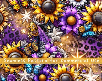 Leopard Sunflowers Seamless pattern Flower Seamless Pattern Fabric PNG Repeat Pattern Commercial License Purple Leopard Glitter Design File