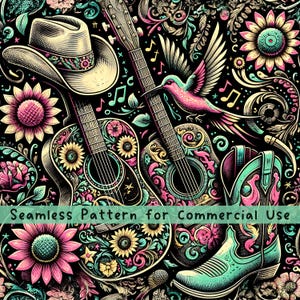 Modello senza cuciture con stivali da cowboy in stile Boho Western, festa da cowgirl, festa country western, stivali da cowboy, cappello, design a sublimazione in formato PNG