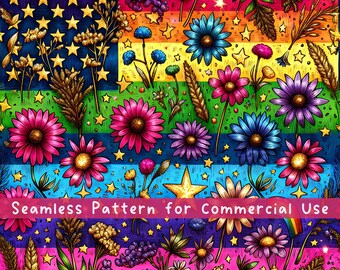 Rainbow Flower Pride Flag Seamless Pattern, Gay Flag Repeat Patten, Pride Month Party Seamless File For Fabric Digital Download USA Gay Flag