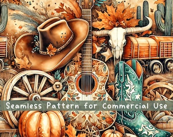 Western Pumpkin Fall Seamless Pattern, Rustic Vintage Country Sublimation Design, Cowboy Pattern Repeating File for Commercial Use Digital