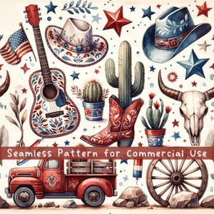 May include: A seamless pattern featuring a red pickup truck, a guitar, cowboy hats, cacti in pots, a bull skull, a wagon wheel, and American flags. The design includes red, white, and blue stars and floral motifs with the text Seamless Pattern for Commercial Use.