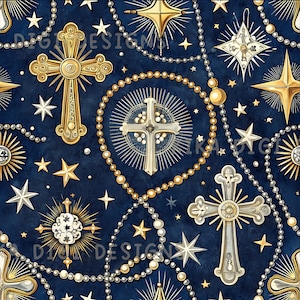 Op de afbeelding: Naadloos patroonontwerp met gouden kruisen, sterren en kralenstrengen op een donkerblauwe achtergrond. Het ontwerp bevat de tekst "SEAMLESS PATTERN" en "COMMERCIAL USE INCLUDED".