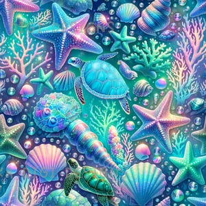 Vibrant Ocean Turtle Seamless Pattern Repeat Fabric Pattern Digital Paper Sublimation Design for Scrapbooking Digital Download PNG Starfish