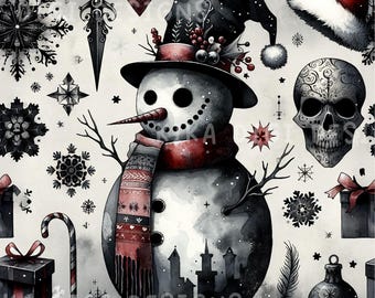 Op de afbeelding: Een naadloos patroon met een centrale sneeuwpop met een zwarte hoed en rode sjaal, omringd door kersticonen zoals een schedel, sneeuwvlokken, cadeaus, een zuurstok en een kerstmuts. Tekst: SEAMLESS PATTERN, COMMERCIAL USE INCLUDED.