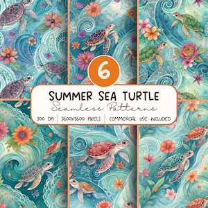 Puede incluir: Una colección digital de seis patrones sin costuras con tortugas marinas en acuarela nadando entre olas oceánicas y flores tropicales vibrantes. El texto dice 6 SUMMER SEA TURTLE Seamless Patterns 300 DPI 3600x3600 PIXELS COMMERCIAL USE INCLUDED.