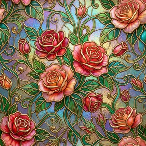 May include: Seamless pattern featuring vibrant roses in shades of red and orange, surrounded by green leaves and gold-colored outlines. The design includes the text "SEAMLESS PATTERN" and "COMMERCIAL USE INCLUDED".