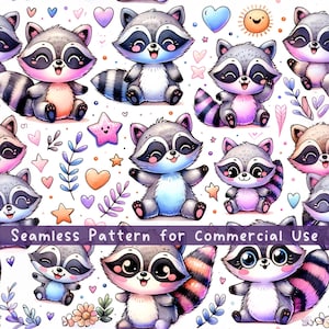 Modèle sans couture fille raton laveur sublimation design Animal kawaii aquarelle drôle PNG numérique répétition motif licence commerciale conception de tissu