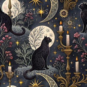 Puede incluir: Patrón sin costuras con gatos negros, lunas, estrellas y velas sobre un fondo oscuro. El diseño incluye elementos florales y candelabros ornamentados. El texto "SEAMLESS PATTERN" y "COMMERCIAL USE INCLUDED" son visibles.