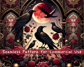 Motivo senza cuciture Dark Gothic Raven Crow Design per sublimazione di Halloween Estetica Dark Cottagecore Halloween da strega File digitale ripetuto