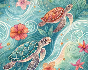 Summer Sea Turtles Seamless Pattern Repeat Fabric Pattern Digital Paper Sublimation Design for Scrapbooking Digital Download PNG Hibiscus