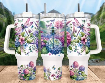 花柄トンボ 40オンス タンブラーラップ、トンボ昇華タンブラーデザイン、アジサイ 40オンス PNGデジタルダウンロード、花柄自然 40オンス タンブラー