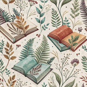 Motif cottagecore livres et fougères, motif répétitif sans couture pour tissu, papier numérique, sublimation, scrapbooking, téléchargement PNG.