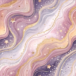 May include: A seamless pattern design featuring flowing, marbled textures in shades of purple, pink, and gold. The design includes gold glitter accents and star shapes. The text "SEAMLESS PATTERN" and "COMMERCIAL USE INCLUDED" are displayed.