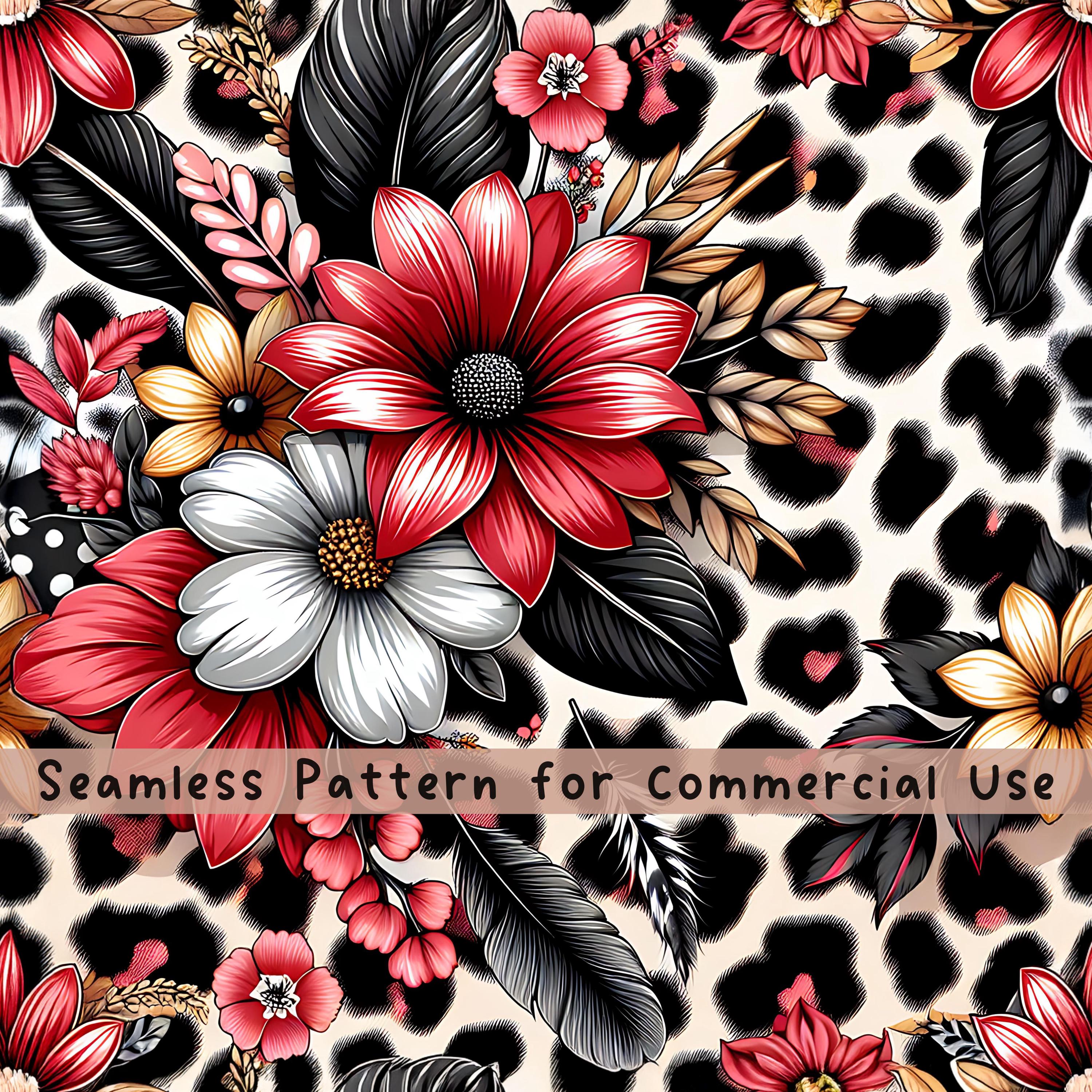 Leopard Flower Seamless pattern Red Flower Seamless Pattern Fabric PNG Repeat Pattern Commercial License Neon Vibrant Leopard Design File