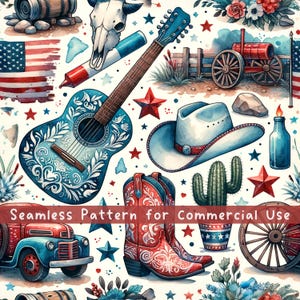 Modello senza cuciture Western del 4 luglio, file di modello Country Girl per uso commerciale, carta digitale, cowgirl patriottica, ripetizione senza cuciture PNG