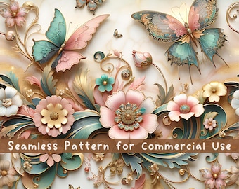 May include: A seamless pattern featuring butterflies and flowers in shades of pink, teal, and gold on a marble background. The design includes intricate floral motifs and swirling vines. The text Seamless Pattern for Commercial Use is visible.