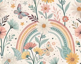 Boho Daisy Rainbow Seamless Pattern Repeat Fabric Pattern Digital Paper Sublimation Design for Scrapbooking Digital Download PNG Dainty